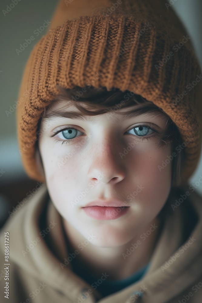 Boy with Blue Eyes and Beanie Staring Intently with Serious Expression Boy with Blue Eyes and Beanie Staring Intently with Serious Expression