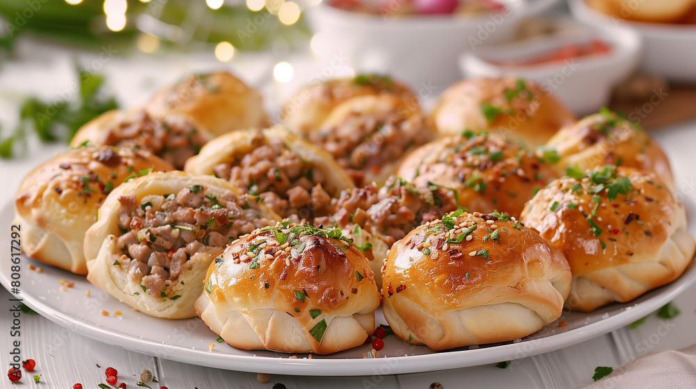A plate full of pirozhki fresh out of the oven, filled with minced meat, potatoes, onions and fragrant herbs. Ai generated Images A plate full of pirozhki fresh out of the oven, filled with minced meat, potatoes, onions and fragrant herbs. Ai generated Images