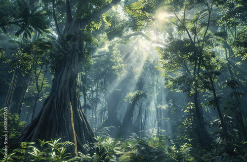 Lifelike 3D render of an ancient rainforest with towering trees, dense foliage, and sunbeams filtering through the canopy, suitable for environmental documentaries