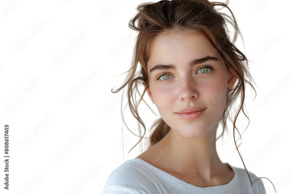 Beautiful green-eyed European female in casual clothes looking at camera, on isolated transparent background Beautiful green-eyed European female in casual clothes looking at camera, on isolated transparent background