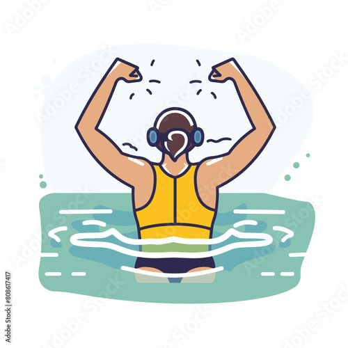 Muscular swimmer enjoying music while exercising water. Vector illustration athletic individual flexing arms wearing headphones, swimsuit. Pool, workout, leisure concept captured