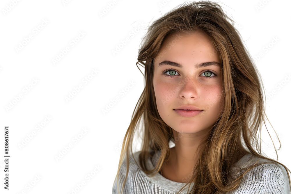 Beautiful green-eyed European female in casual clothes looking at camera, on isolated transparent background Beautiful green-eyed European female in casual clothes looking at camera, on isolated transparent background