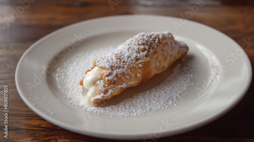 A clean white ceramic plate sits on a dark brown wooden table. On top there are tempting cannoli, Ai generated Images