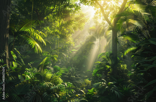 Lifelike 3D render of an ancient rainforest with towering trees  dense foliage  and sunbeams filtering through the canopy  suitable for environmental documentaries