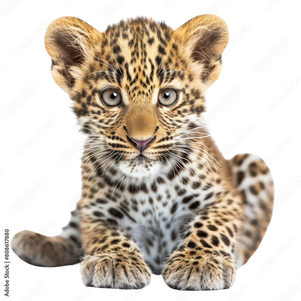 Fototapeta premium Cute baby leopard looking at you with curious eyes.