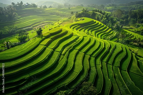 A panoramic aerial view of a vast  lush green rice field stretching to the horizon