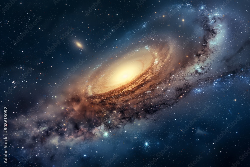 A captivating view of a spiral galaxy with stars in the background, showcasing the vastness of space and celestial formations