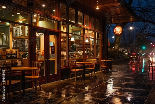 Outdoor seating area of a restaurant on a rainy night, with tables and chairs visible