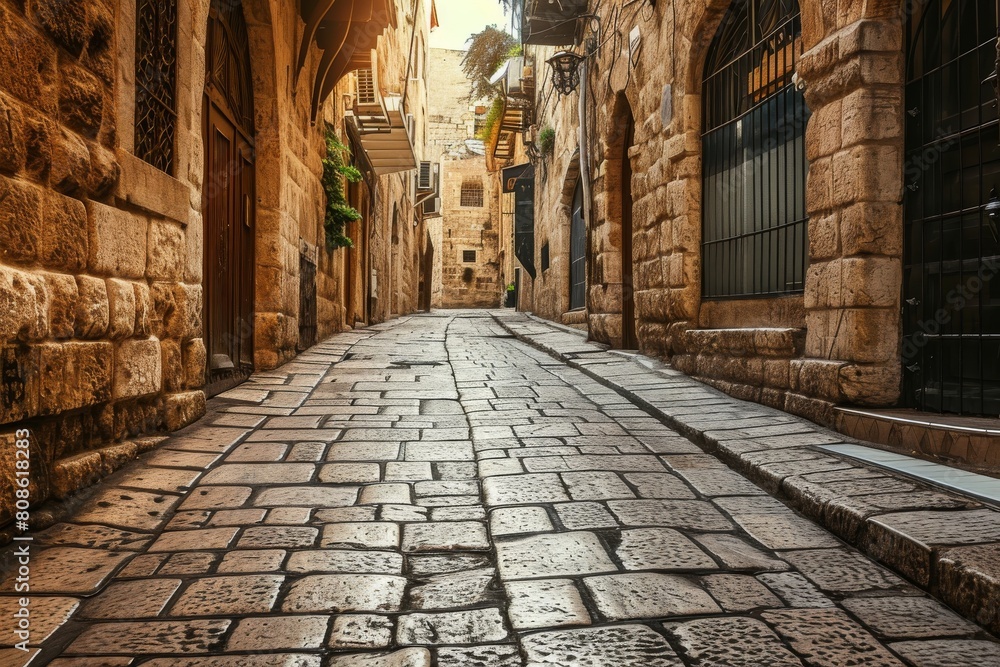 The ancient stone streets , Ancient stone archway with lantern illumination in Old City, Ai generated The ancient stone streets , Ancient stone archway with lantern illumination in Old City, Ai generated
