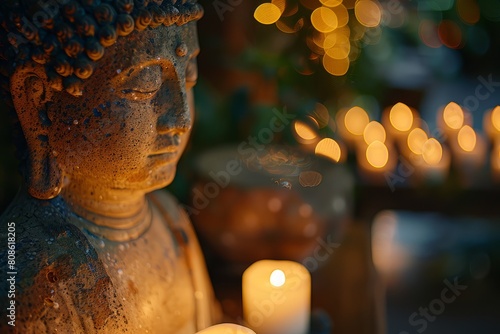A Buddha Purnima statue is illuminated by soft candlelight  creating a contemplative atmosphere