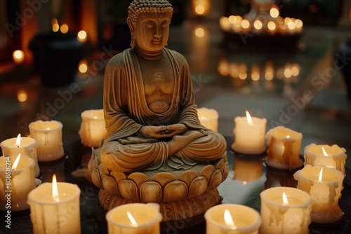 A Buddha Purnima statue is surrounded by flickering lit candles, casting a warm glow on the serene religious figure