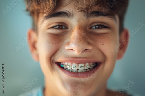 A young boy confidently smiles for the camera, showcasing his transparent braces