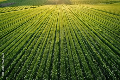 Aerial view of a vast field covered in lush green grass with the sun shining brightly overhead