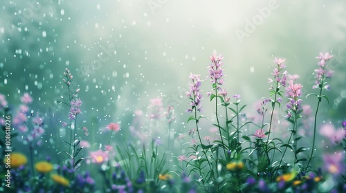 A soft and blurry watercolor background with gentle rain falling on a field of wildflowers, capturing a peaceful atmosphere. © Usman