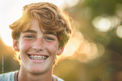 A young boy confidently smiles, showing off his transparent braces on his teeth