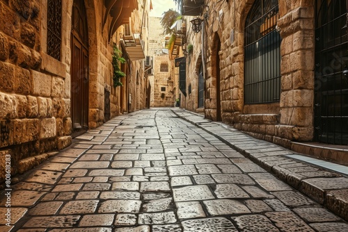 The ancient stone streets , Ancient stone archway with lantern illumination in Old City, Ai generated