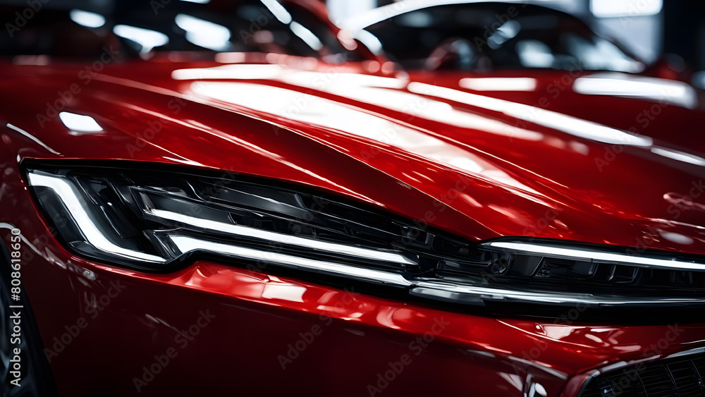 Close-up of the headlight of a modern red car.