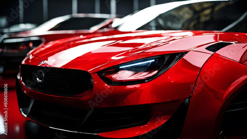 Close-up of a red sports car in the showroom.