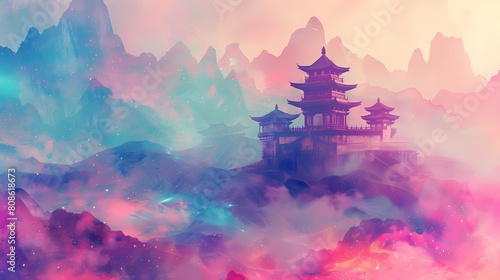 ancient Chinese architecture in colorful glitter like desert illustration poster background