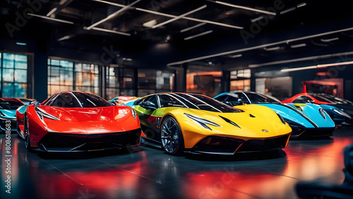 Colorful sports cars in the exhibition hall. 3d rendering.