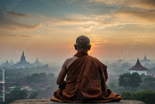 A silhouette pf a Burmese monk with peaceful background