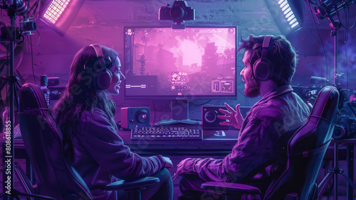 a man and woman streamers casting an online e-sport tournament. generative ai