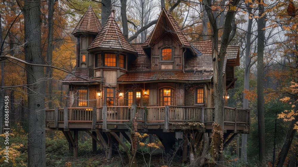 Fototapeta premium A large wooden house with a pointed roof and a porch