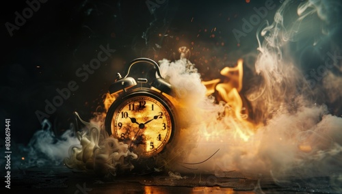 Round alarm clock with large numbers on the dial on a dark background with burning hot particles. The concept of approaching deadlines or something else.