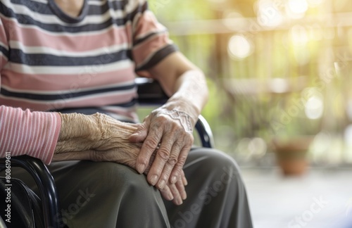 A elderly woman sitting in Wheelchair Shaking Hands With Another woman. Thank you for taking care of me