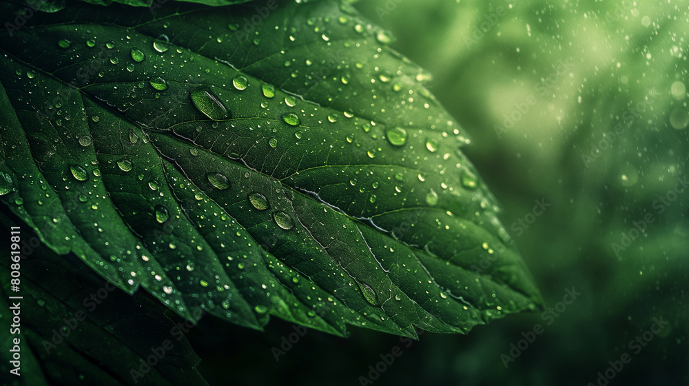 A leaf with water droplets on it A leaf with water droplets on it