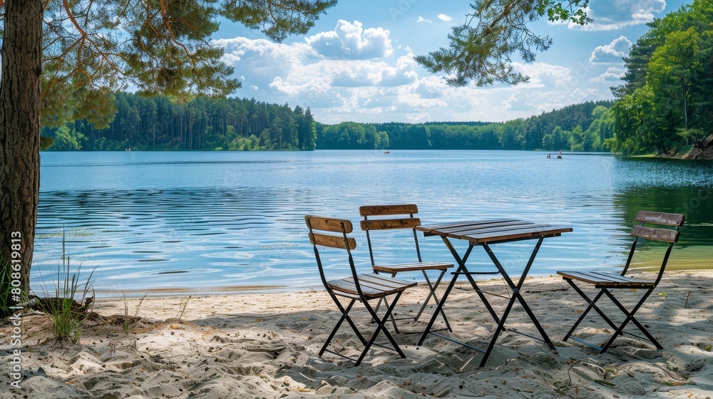 A beach scene with a table and chairs set up near the water A beach scene with a table and chairs set up near the water