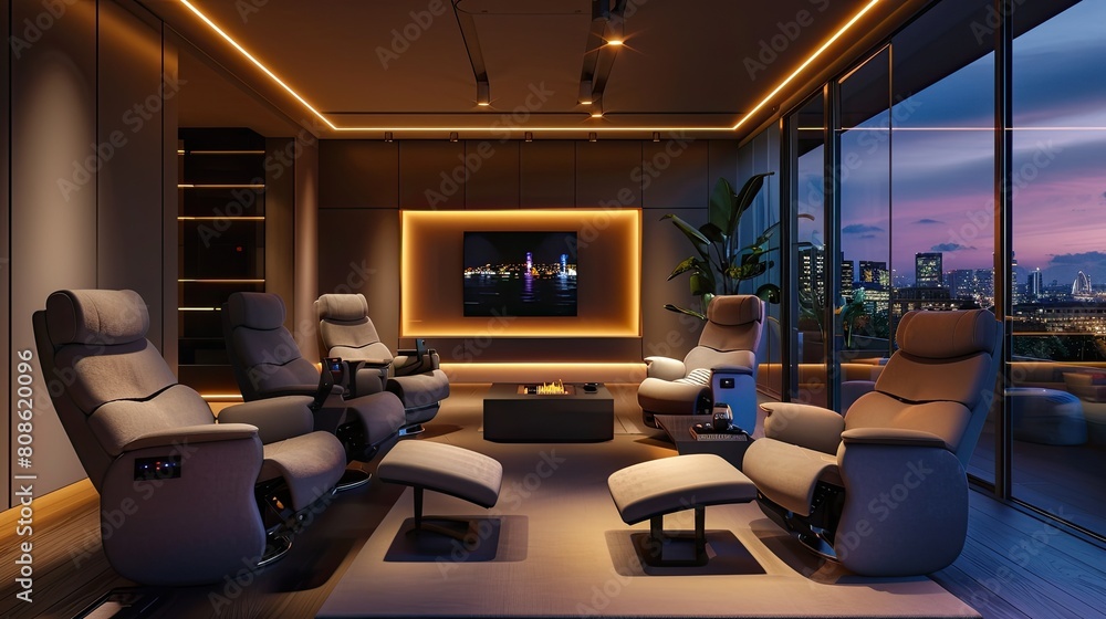 A sleek living room with an integrated smart home system, a floor-to-ceiling LED light panel, and a set of ergonomic recliners A sleek living room with an integrated smart home system, a floor-to-ceiling LED light panel, and a set of ergonomic recliners