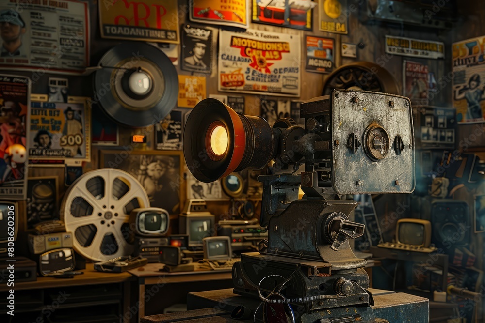 Vintage movie projector placed on a wooden table with nostalgia-inducing film posters in the background