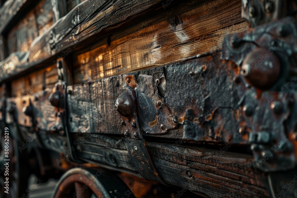 Detailed close-up view of a weathered wooden cart showcasing intricate metalwork