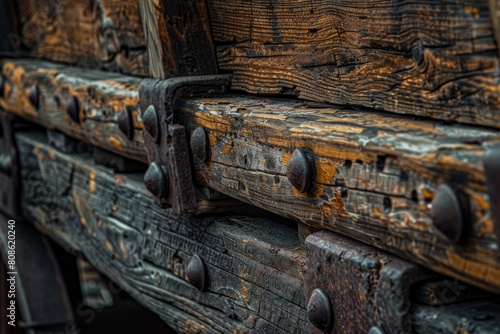 Detailed close-up of weathered wooden drawers with intricate metalwork