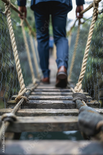 Businessman confidently walking across a rope bridge, symbolizing overcoming challenges and persistence in career growth - AI generated.”