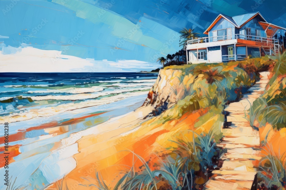 Watercolor illustration of colorful summer houses on the sandy ocean ...