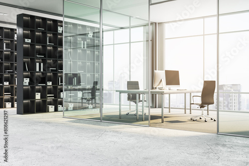 Modern office interior with glass partitions  workspace with city view  and empty bookshelves. 3D Rendering