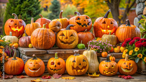 Halloween pumpkins on wooden table in autumn garden. Halloween background