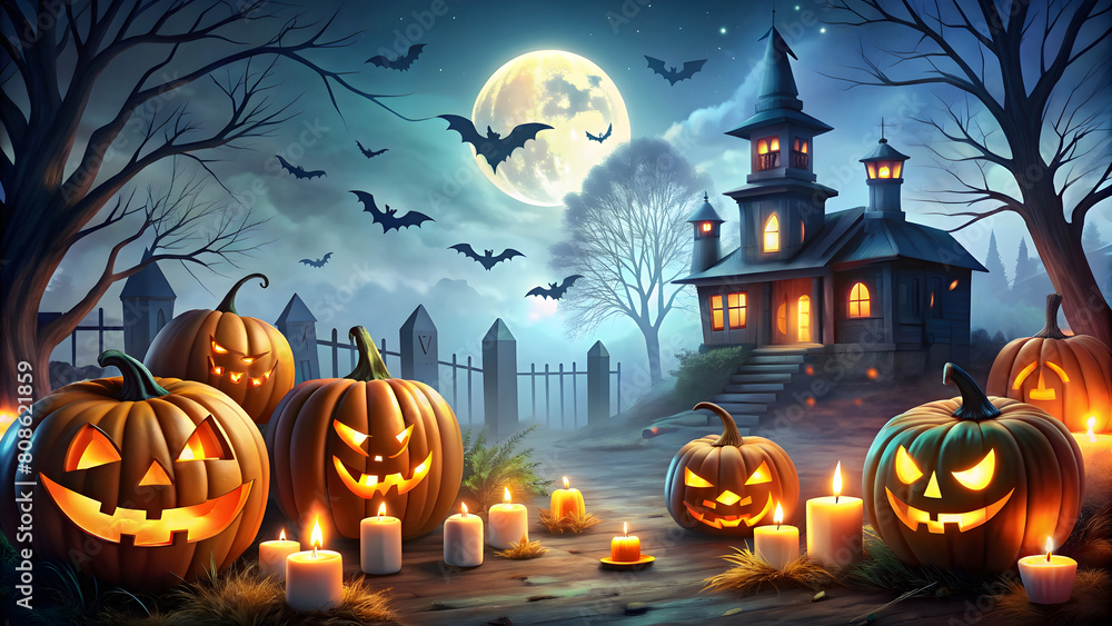 Halloween background with pumpkins and haunted house. Vector illustration.