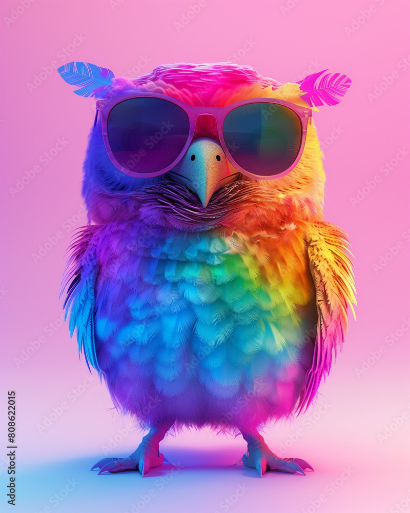 Cute colorful owl with sunglasses on a pink background, with a gradient color style, a rainbow light effect. 3D rendering, digital art. Minimalism Cute colorful owl with sunglasses on a pink background, with a gradient color style, a rainbow light effect. 3D rendering, digital art. Minimalism