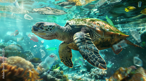 Sea turtle, plastic waste, Ocean pollution impact on ecosystem sustainability and environmental protection concept. 