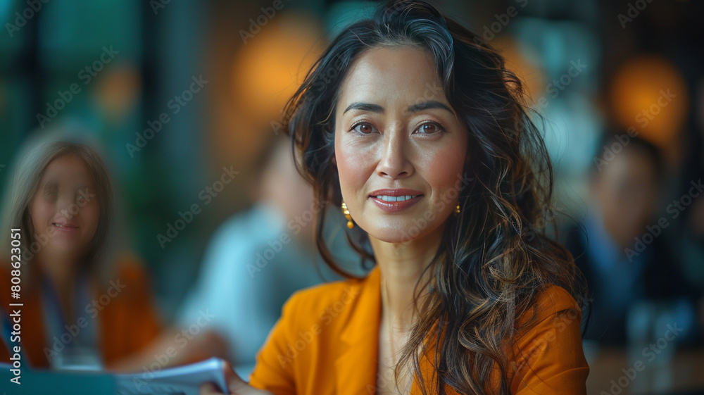 Engaging presentation: Vibrant Asian woman in boardroom, explaining with flip chart. Colleagues captivated, casual setting,generative ai Engaging presentation: Vibrant Asian woman in boardroom, explaining with flip chart. Colleagues captivated, casual setting,generative ai