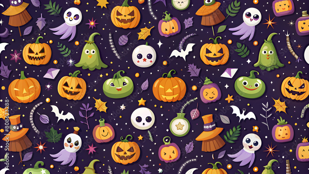 Halloween seamless pattern with pumpkins, ghosts, witch hat, bats and candies Halloween seamless pattern with pumpkins, ghosts, witch hat, bats and candies