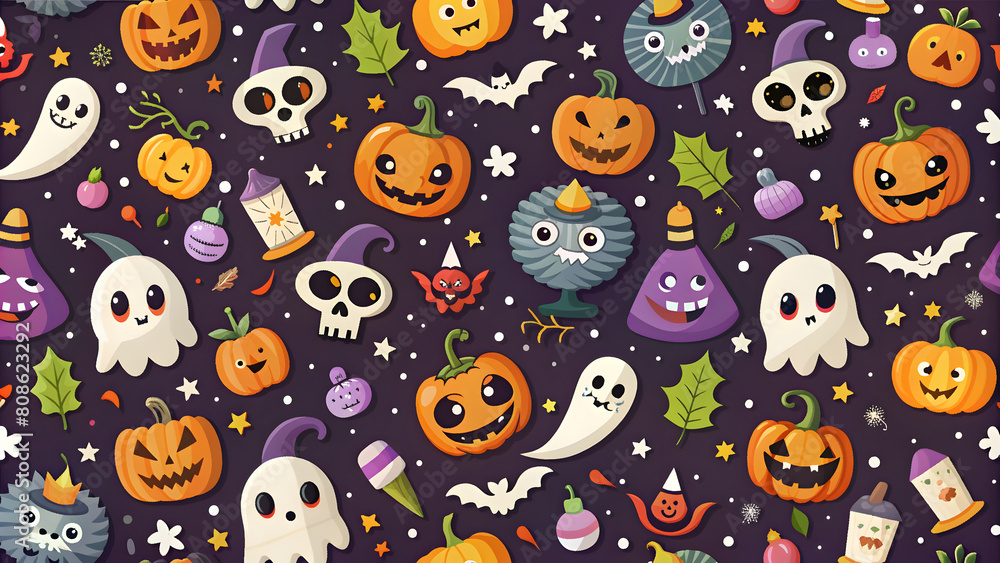 Fototapeta premium Halloween seamless pattern with pumpkins, ghosts, bats, candy, candies