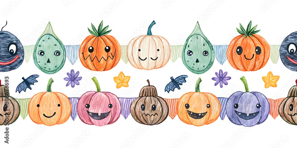 Seamless pattern with cute watercolor pumpkins. Hand drawn illustration