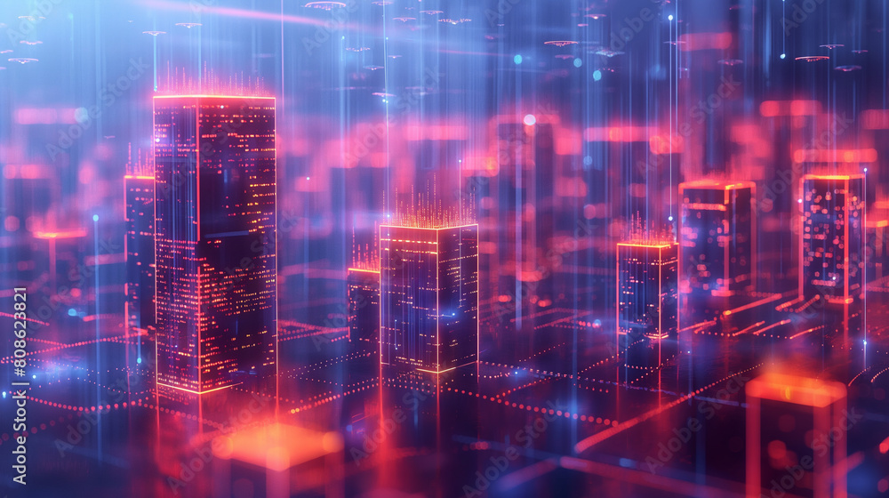 A cityscape with buildings lit up in neon colors A cityscape with buildings lit up in neon colors