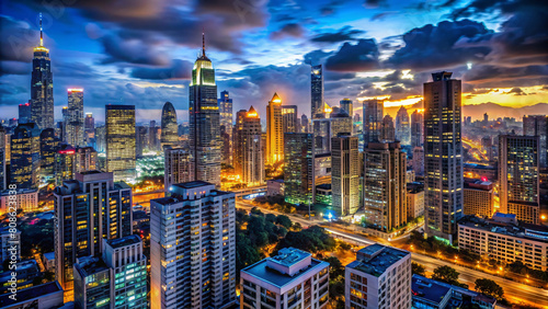 Sunset Silhouette: Urban skyline featuring skyscrapers