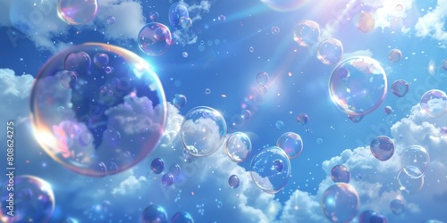 Iridescent soap bubbles against blue sky