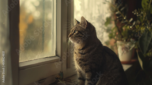 Beautiful tabby cat sitting on the windowsill and looking out the window
